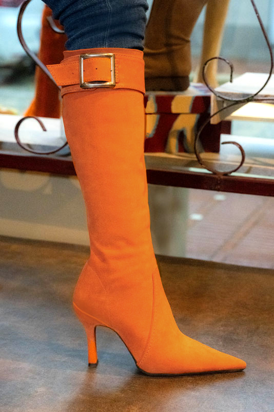 Apricot orange women's feminine knee-high boots. Pointed toe. Very high spool heels. Made to measure. Worn view - Florence KOOIJMAN